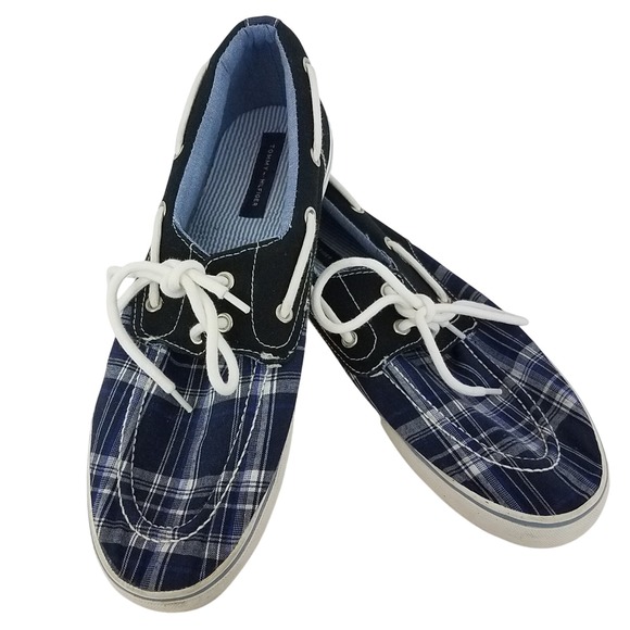 Tommy Hilfiger TMFred Boat Shoes Mens 11.5 Blue‎ Canvas Chekkers Lace Up SH168 - Picture 1 of 12